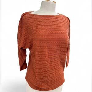 Market & Spruce Rust Orange Cable Knit Boat Neck Sweater 3/4 Sleeve XS cashmere